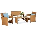 Best Choice Products 4-Piece Outdoor Wicker Patio Conversation Furniture Set for Backyard w/Coffee Table, Seat Cushions - Natural/Ivory