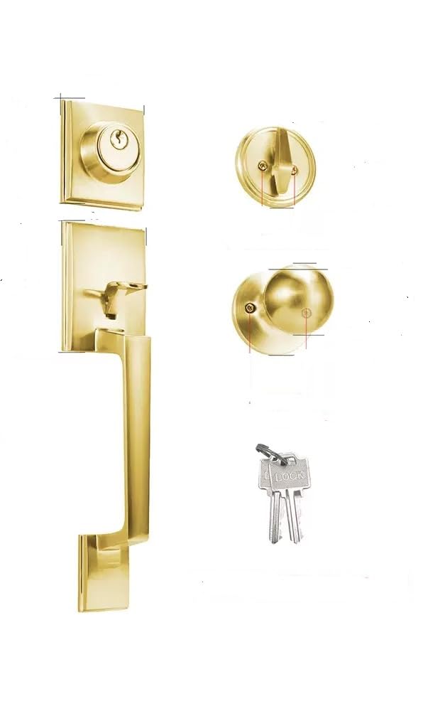 SUYA Polished Brass Front Door Handle and Single Cylinder Deadbolt Lock Set