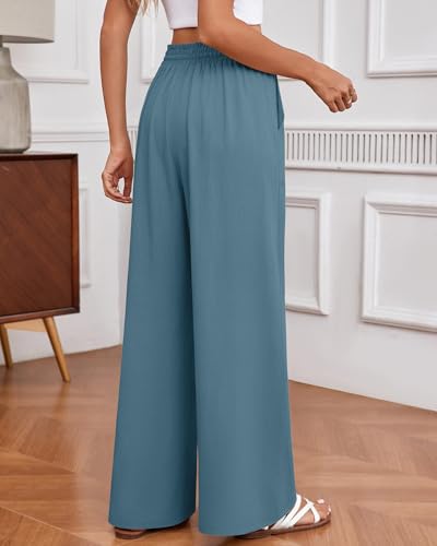 Huukeay Women's Linen Wide Leg Pants, High Waist Flowy Palazzo Pants with Pockets Drawstring Summer Casual Work Trousers(Lake Blue,Large)2