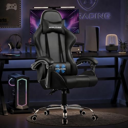 Image of GTPLAYER #1USA Multi-Functional Ergonomic Gaming & Computer Chair - Premium PU Leather, Adjustable Neck & Lumbar Pillow for Back Support (Black)