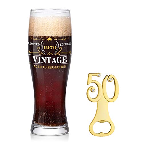 DIVERSITY 1970 Vintage 51th Birthday Gifts for Men and Women -16 oz Pint Beer Glass and 50-Shaped Bottle Opener -Anniversary Ideas for Dad, Mom, Husband, Wife -Craft Beer Mug for 51th Party Decoration