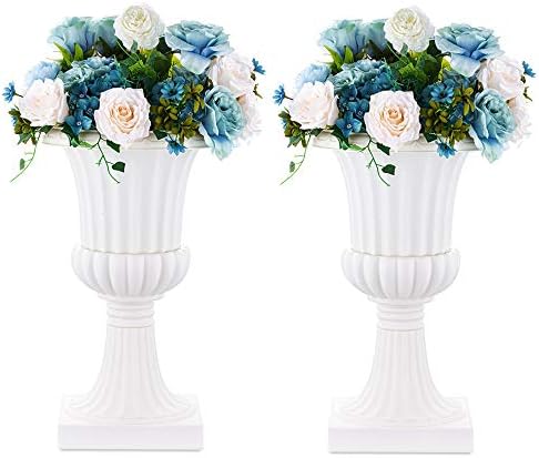 NUPTIO 2 Pcs Classic Urn Planter, 19.7 inch Tall Large Plastic Outdoor Urns Planters, Pedestal Flower vases Plant Pot, Resin Grecian Plants pots for Garden Porch Front Door, White