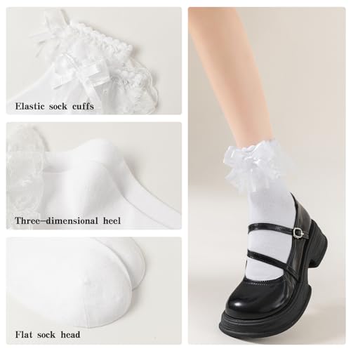 Lace Ruffle Frilly Socks for Women, Comfortable Cotton Lace Ankle Socks with Bow2