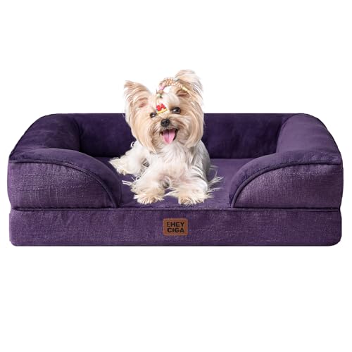 Image of EHEYCIGA Orthopedic Dog Bed for Small and Medium Dogs, Waterproof Memory Foam With Sides, Non-Slip Bottom, Egg-Crate Foam, Washable Removable Cover, Purple