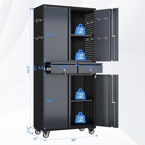 Image of 71 inch Rolling Metal Garage Cabinet with 2 Drawers and Pegboard Doors