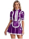 Rswnyirn Women's PVC Leather Short Sleeve Fancy Maid Servant Dress Lace Trim Latex Dress with Apron Purple XX-Large