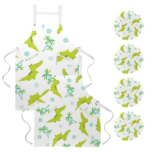 Lot de 2 tabliers de cuisine avec 4 broches motif animal vert