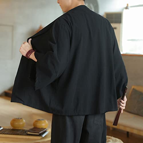 HZCX FASHION Men\'s Kimono Cardigan Lightweight Jackets Linen Haori Samurai Robe(Black,S) - Thumbnail 6