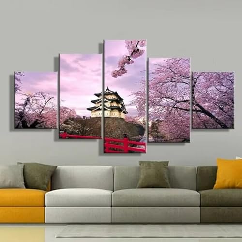 Tableau Japon cerisiers roses en 5 parties de decoration murale pour salon