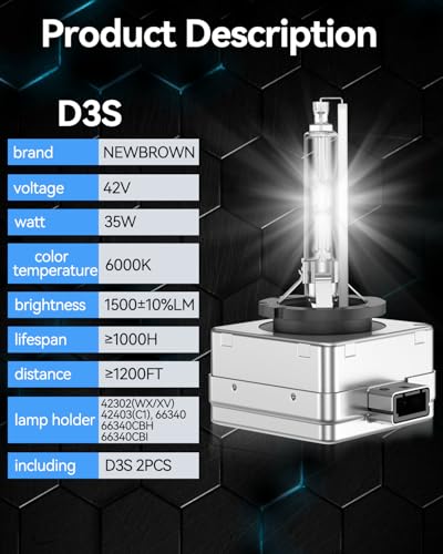Image of NEWBROWN D3S Hid Headlight bulb 6000K White 200% brightness, Super White Xenon Replacement 66340 42403 42302 Headlight Bulb (35W D3S, 2 Pack)