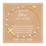 MEALGUET Baby Baptism Cross Bracelet Gift : 18k Gold Plated Delicate Pearl Cross Bracelets Children Kids Daughter Granddaughter Birthday First Communion Confirmation Gifts Christian Jewelry for Girls