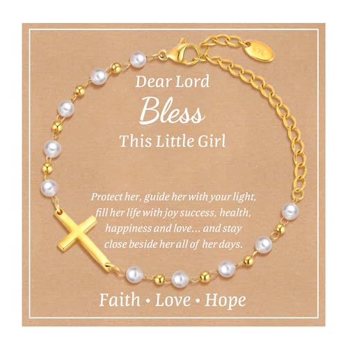 MEALGUET Baby Baptism Cross Bracelet Gift : 18k Gold Plated Delicate Pearl Cross Bracelets Children Kids Daughter Granddaughter Birthday First Communion Confirmation Gifts Christian Jewelry for Girls