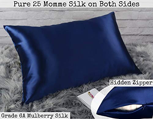 Celestial Silk 100% Silk Pillowcase For Hair Zippered Luxury 25 Momme Mulberry Silk Charmeuse Silk On Both Sides Of Cover -Gift Wrapped- (Queen, Navy Blue) #TOP2