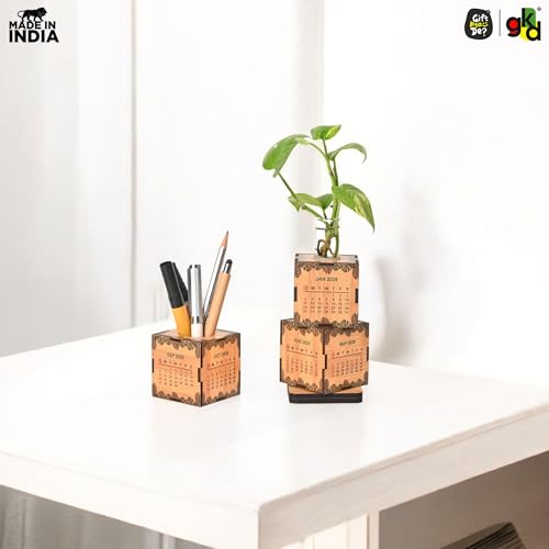 Image of Gift Kya De Eco-Friendly 2026 Desk Calendar with Planter & Pen Holder | GKD Wooden-Style Cube Table Calendar, Desk Organizer for Office & Home Decor | Perfect Corporate & Festive Gifting