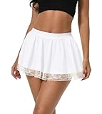 Afibi Women Pleated Mini Skirt Sexy Lace Skirt School Girl Short Skirts (Large, Pure White)