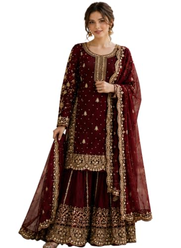 Image of Women's Ethnic Plazzo Suit Set with Kurta & Dupatta | Fendy Fabric Embroidered Kurta Set | Round Neck 3 /4 Sleeve Dress | Elegant Outfit