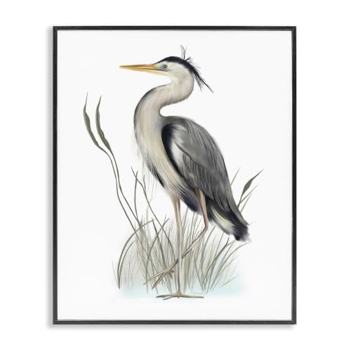 'Peaceful Heron Bird Standing Amidst Wild Grass'| Framed Giclee Art