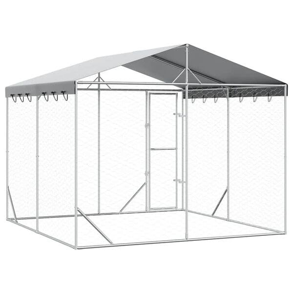 Hommdiy Hundezwinger Outdoor Große mit Dach,Hundekäfig Hundehaus für große Hunde, Hundehütte Silbern 3x3x2,5m Verzinkter Stahl