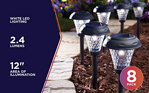 Moonrays 91381 Payton Solar LED Plastic Path Light, 2X-Brighter, Hammered Glass Look, provides 360 Display of Warm LED Lighting, Emits 2.4-lumens, 12-inch area of illumination, 8-Pack