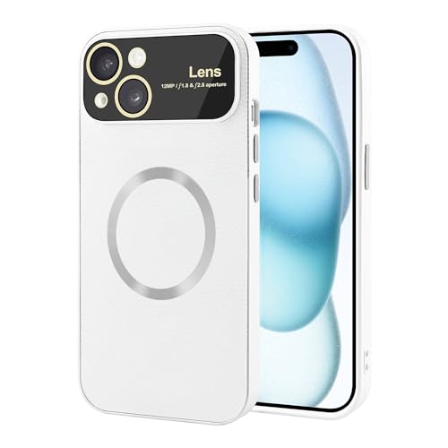 Image of Vaku Luxos Premium Polarized Leather Back Cover for iPhone 15 Plus Texture Full Lens Protection Silicon Case Scratch Resistant Slim Thin Compatible with Mag-Safe - White