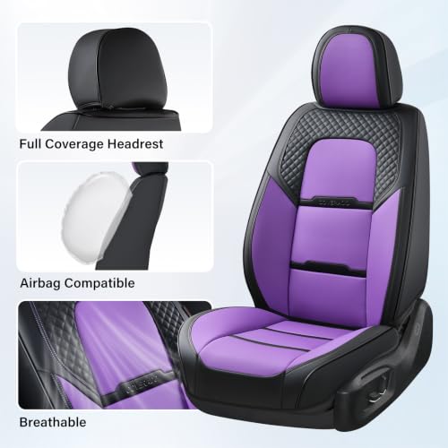 Image of Coverado Car Seat Covers Full Set, 5 Piece Car Seat Protector with Removable Headrest, Nappa Leather Breathable Front Rear Seat Cushion Side All Wrapped Universal Fit Truck Most Cars Purple