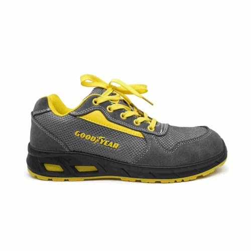 Goodyear - Zapato Deportivo de Seguridad S1P - Serraje Gris - Puntera y Plantilla Composite Sin Metal - Suela PU Antideslizante - Plantilla EVA Extraíble