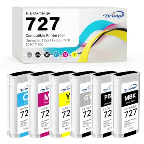 Image of 727 Ink Cartridges 130-ml for HP 727 B3P20A B3P22A B3P21A B3P23A B3P24A Compatible with HP DesignJet T1530 T2500 T920 T930 T1500(Black, Photo Black, Cyan, Magenta, Yellow, Grey)