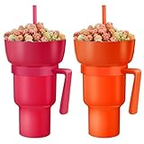 Baderke 2 Pcs Stadium Tumbler with Snack Bowl 32 oz 2 in 1 Travel Cup with Snack Bowl Leak Proof Snack and Drink Cup Portable Reusable Snack Tumbler Cup with Bowl on Top and Straw (Rose Red,Orange)