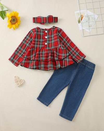 Image of 2T 3T Girl Clothes Fall Winter 2T 3T Girls Outfits 2-3 Year Old Girl Gifts Red Green Plaid Ripped Denim Jeans Adorable Toddler Clothes for Girls 2T-3T