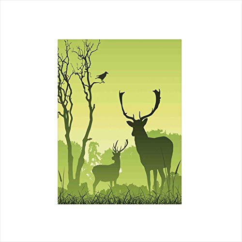Ylljy00 Decorative Privacy Window Film/Male Deer on a Meadow with Trees and Crow Bird Woodland Mist Rural Green Country/No-Glue Self Static Cling for Home Bedroom Bathroom Kitchen Office Decor