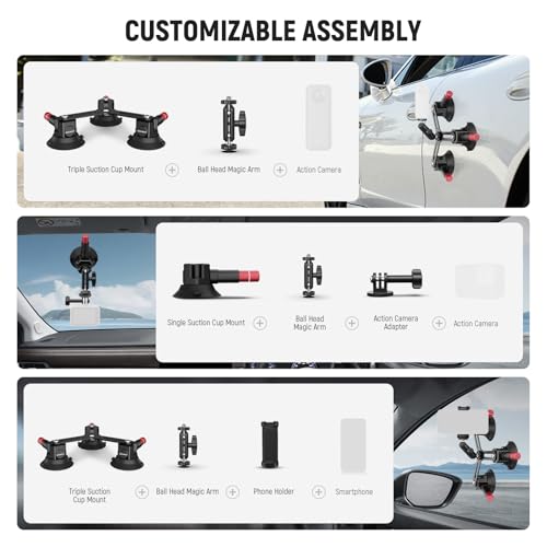 Image of NEEWER Triple Suction Cup Camera Car Mount [Simplified] with Phone Holder & Action Camera Adapter Compatible with iPhone GoPro OSMO Action Pocket 4 3 2 Hero 13 12 11 10 Insta360 Samsung, CA067