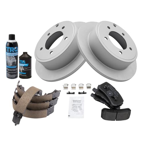 Image of TRQ Rear Brake Pad & Rotor Kit, with Chemical Kit Parking Brake Shoe Set Semi-Metallic Premium G-Coated Compatible with 2017-2017 Mitsubishi Lancer