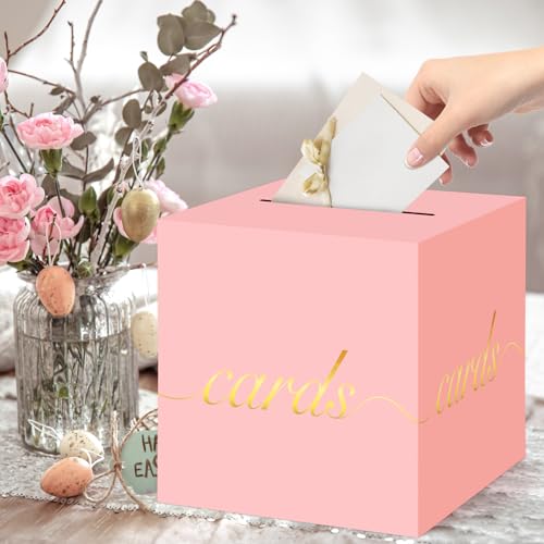 Image of Pink Card Box Gold Foil Wedding Favors Gift Card Boxes Post Box Receiving Money Box Holder for Wedding Reception, Baby Showers, Anniversary, Birthday Party, Retirement, Graduation Envelope Holder