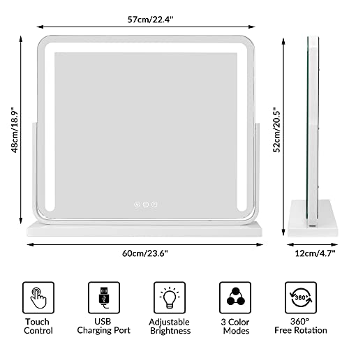Wayking Vanity Mirror With Lights, Large Vanity Makeup Mirror Lighted With Touch Sensor, 3 Lighting Modes, 360 Degree Rotary Mirror With Usb Port (W23.6 X L20.5 Inch) #TOP6