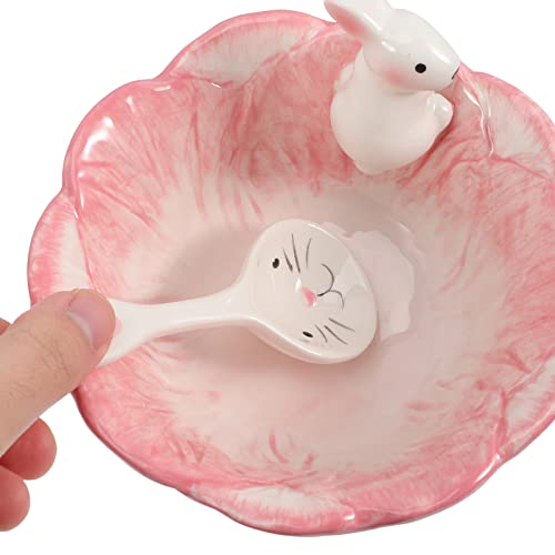 Rabbit Cabbage Bowl With Spoon, Ceramic Bunny Candy Dish For Fruit Salad Dessert Serving Bowl Decor As Girly Christmas Favor (Pink) #TOP2