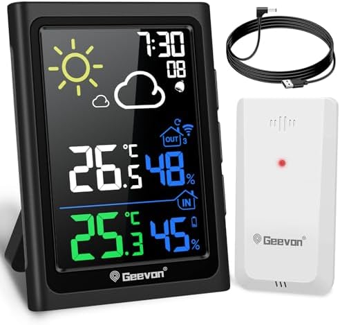 Geevon Indoor Outdoor Thermometer Wireless Weather Station, Color Display Digital Hygrometer Thermometer Temperature Humidity Monitor with Alarm Clock and Backlight
