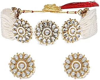 TONGARI Kundan tono dorado y perlas flores gargantilla collar y pendientes conjunto para mujeres {}, Metal, Kundan y perlas