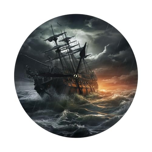 LKWSCGHM Orologio da parete moderno con nave spaventosa in mare, 25,4 cm, silenzioso, senza ticchettio, funzionamento a batteria, orologio analogico decorativo rotondo in legno per ufficio, casa