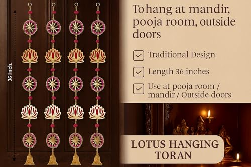 Image of True Decor 2PC Wall Door Hanging Lotus Toran with Bells Main Door Entrance Pooja Room Temple Wedding Festival Decor - Diwali Decoration Items for Home Dcor
