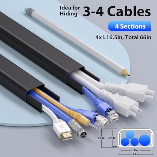 Image of ZhiYo 66 inch Cord Covers for Wires on Wall, Black Cord Hider, 1.2 inch W x 0.7 inch H