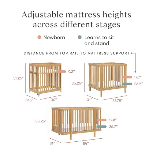 Image of Babyletto Pogo Convertible All-Stages Bassinet, Midi, Full-Size Crib in Honey, Greenguard Gold and FSC Certified, Portable & Adjustable with Conversion Kits and Pads Included
