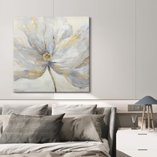 Goldfoilart Flower Canvas Wall Art Abstract Floral Picture with Gold Foil Embellishment Oil Painting Textured Print on Canvas Large for Bedroom Bathroom Living Room Home Decor 32" x 32" by Goldfoilart - Used condition - Image 6
