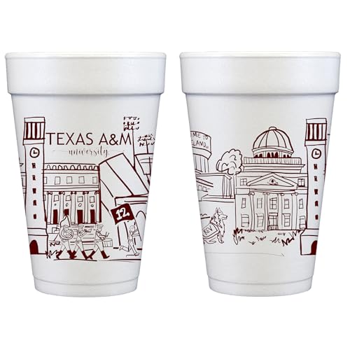 Officially Licensed Texas A&M Aggies University Campus Skyline Printed Foam Disposable Cups 16 oz - Insulated Coffee Cups 10 Pack - Cute Cup set for game day, Tailgating, Aggie Football Party Favors