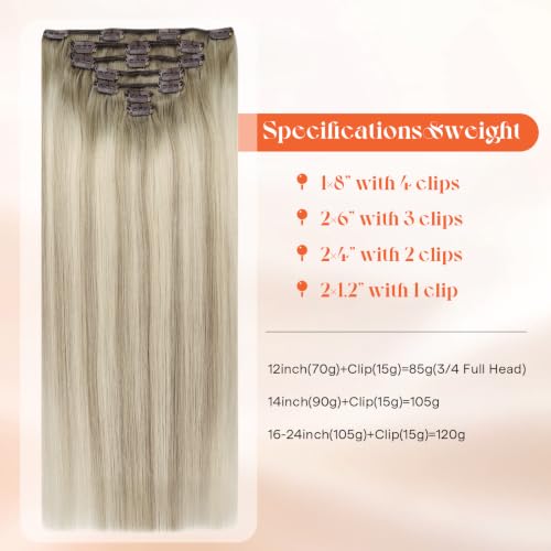 Image of Sunny Hair Clip in Hair Extensions Real Human Hair Blonde Balayage 14 Inch | Remy Hair Clips Extensions for Women, Natural Length and Gentle Movement for Easy at Home Application for Busy Workdays 105g