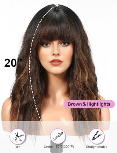 WOKESTAR Long Wig with Fringe Synthetic Wavy Wigs for Women Brown with Highlights Color - Image 3