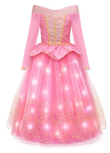 Davvew Deguisement Enfant, LED Robe de Princesse Filles, Costume de Princesse Rose, Halloween, Noël, Carnaval, Cosplay