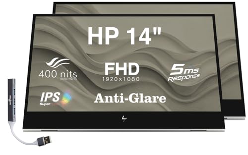 Image of HP 14 inch FHD IPS Portable Monitor with 5ms Response Time, Anti-Glare, Flicker Free, 400 nits Brightness, USB-C & Dockztorm USB Port Expander, Silver Color 2 Pack