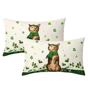 St Patricks Day Cat Lumbar Pillow Covers 12X20 Inch Shamrock Lucky Clover Couch Pillow Cases Set of 2 Rustic Spring Throw Pillows Farmhouse Decor for Living Room Bedroom Bed Cushion Outdoor Indoor