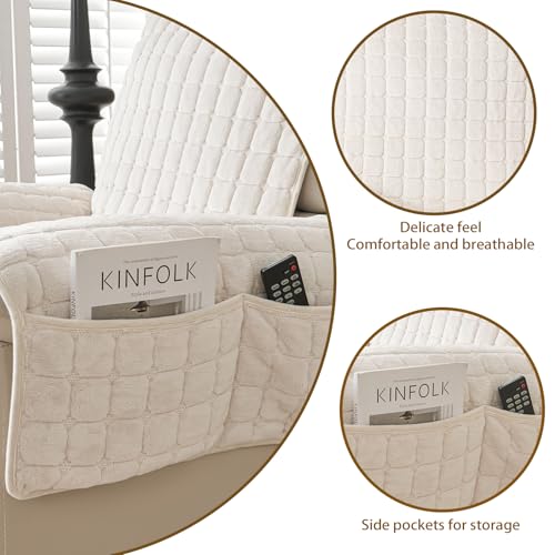 SEMGABO Sesselschoner für Relaxsessel, Fernsehsessel Schutzbezug, Sesselüberwurf mit Armlehnen, mit Taschen und Gummiband, Schutz vor Schmutz und Kratzern, Beige,1 Sitz(53 * 190cm)