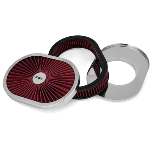 GDUKOP 12x2 High Flow Oval Air Cleaner Filter Assembly Compatible with GMC Chevy Ford Chrysler Dodge V8 for Carburetor 5-1/8 Carb Neck Flow-Thru Lid Washable and Reusable Red Chrome